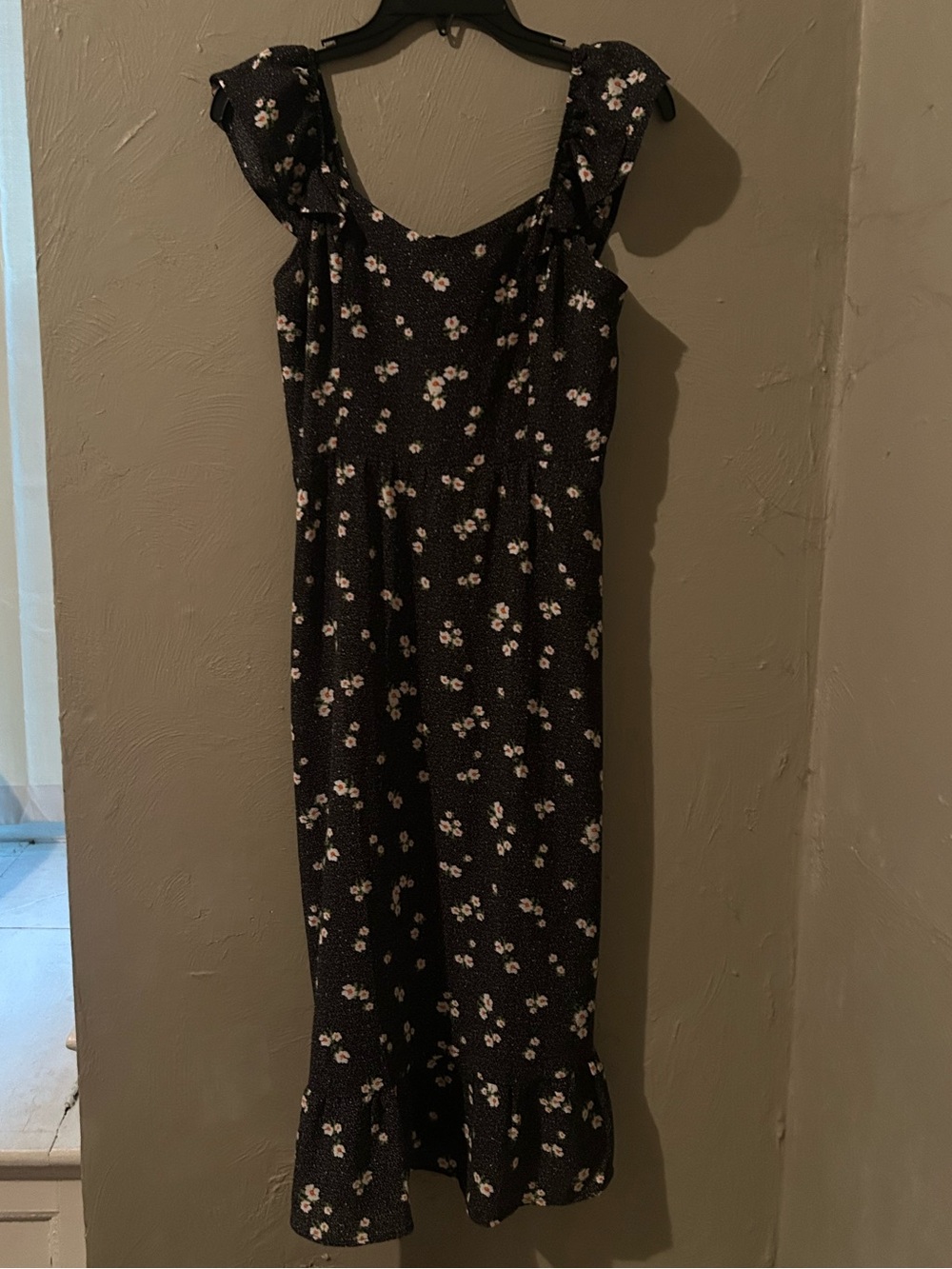 Monteau Black Floral Midi Dress with Cap Sleeves